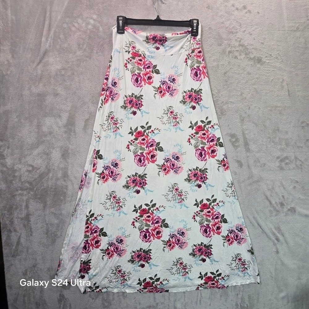 Charlotte Russe Floral Maxi Skirt Medium White Pink Side Slit Boho High Waist